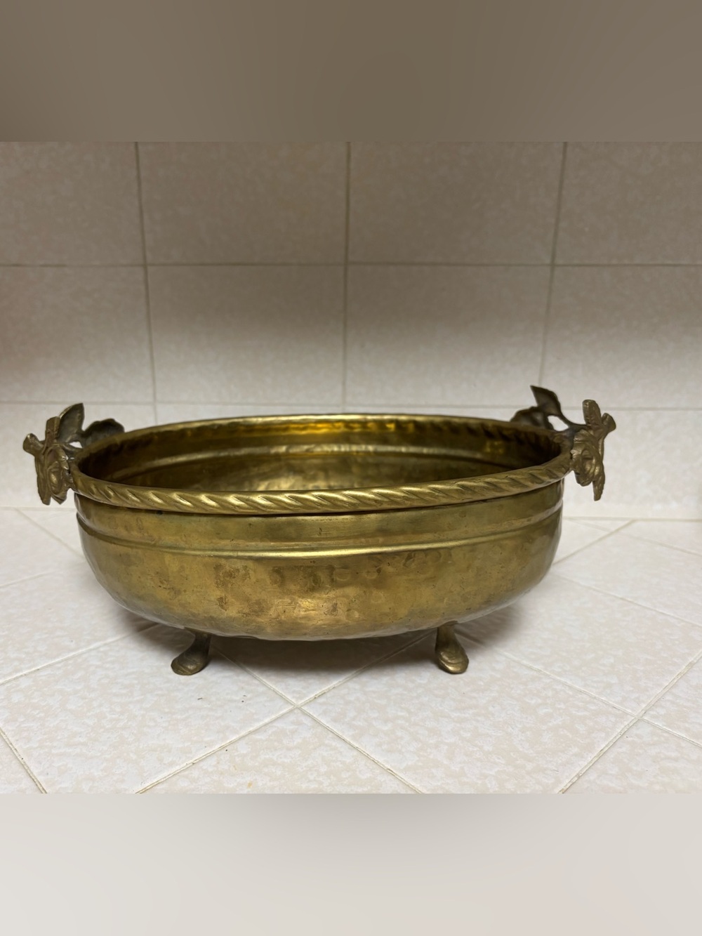 Hammered Brass Jardiniere Planter with Rose Handles Vintage